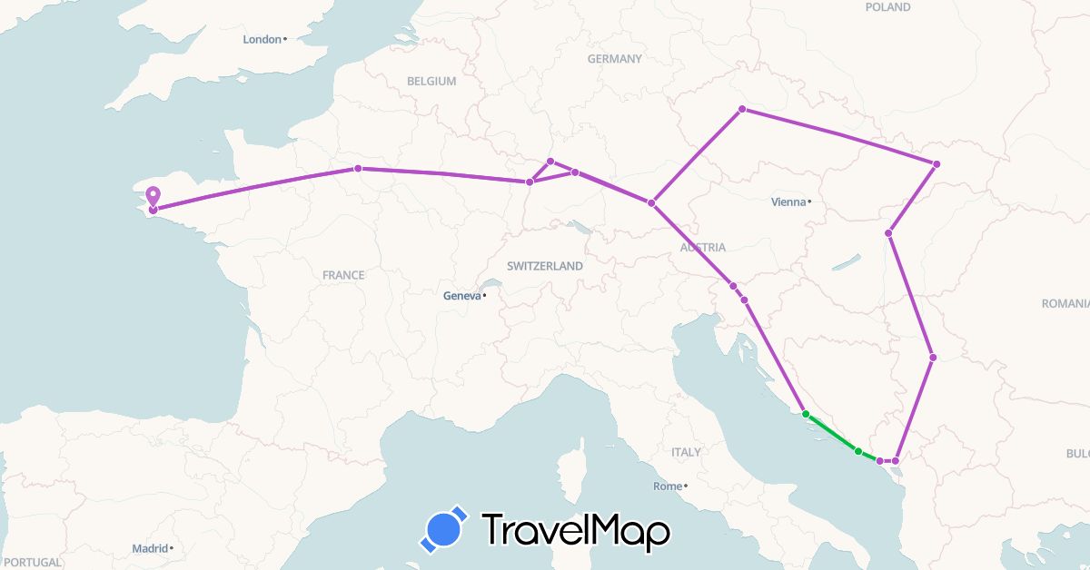 TravelMap itinerary: driving, bus, train in Czech Republic, Germany, France, Croatia, Hungary, Montenegro, Serbia, Slovenia, Slovakia (Europe)